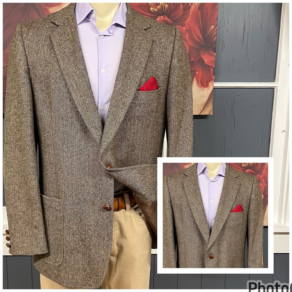 Vintage Unbranded Tweed Blazer Sport Coat Mens 44L Long Wool Herringbone‎ Brown